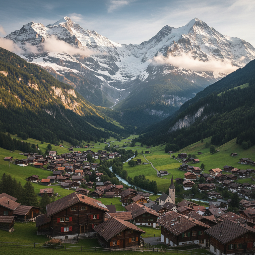 Vue panoramique des Alpes suisses avec village traditionnel et paysages verdoyants