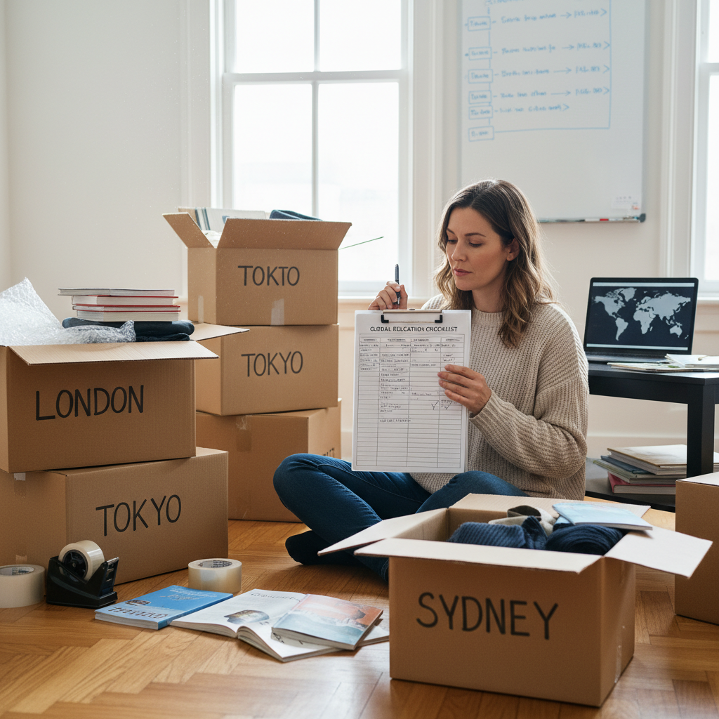 Femme souriante prenant des notes sur clipboard entourée de cartons de déménagement